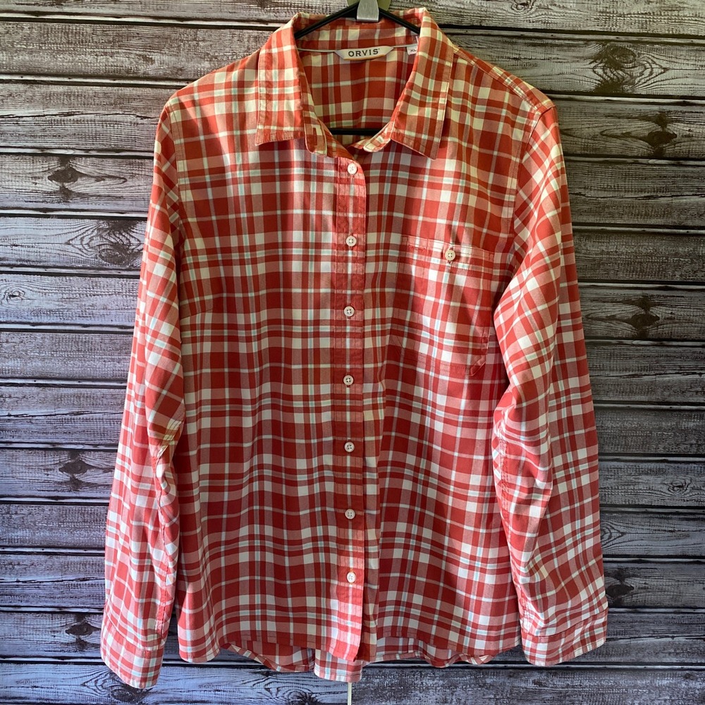 Orvis Men's Long-Sleeved Button-Down Shirt Size XL Red White Blue Plaid Logo